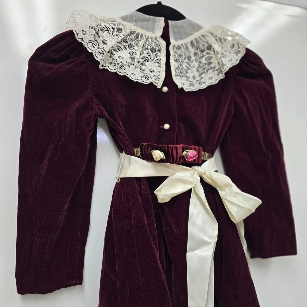 Vintage Sarah Kent Girls Sz 7 Victorian Style Dress Burgundy Ivory Belted Velvet